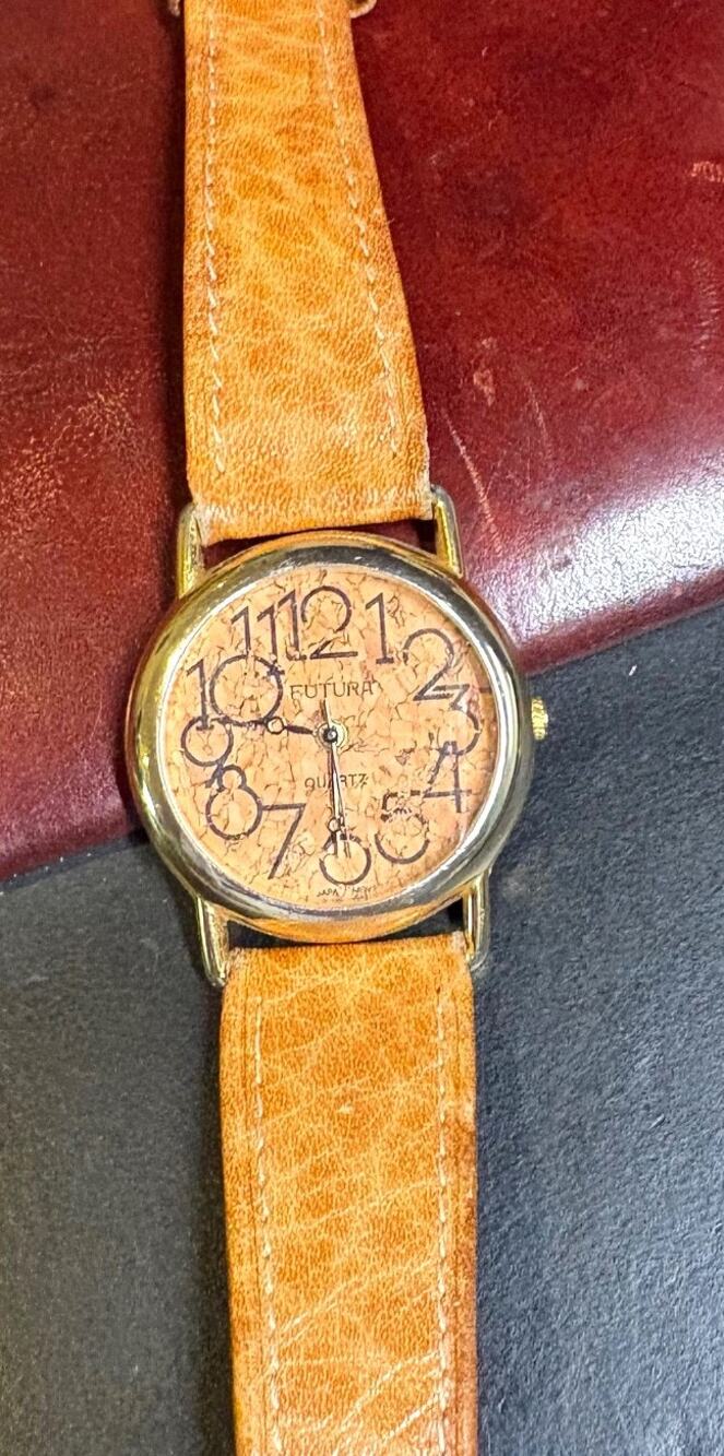 VTG Women's 30mm Futura Gold Tone Cork Watch with Leather Band